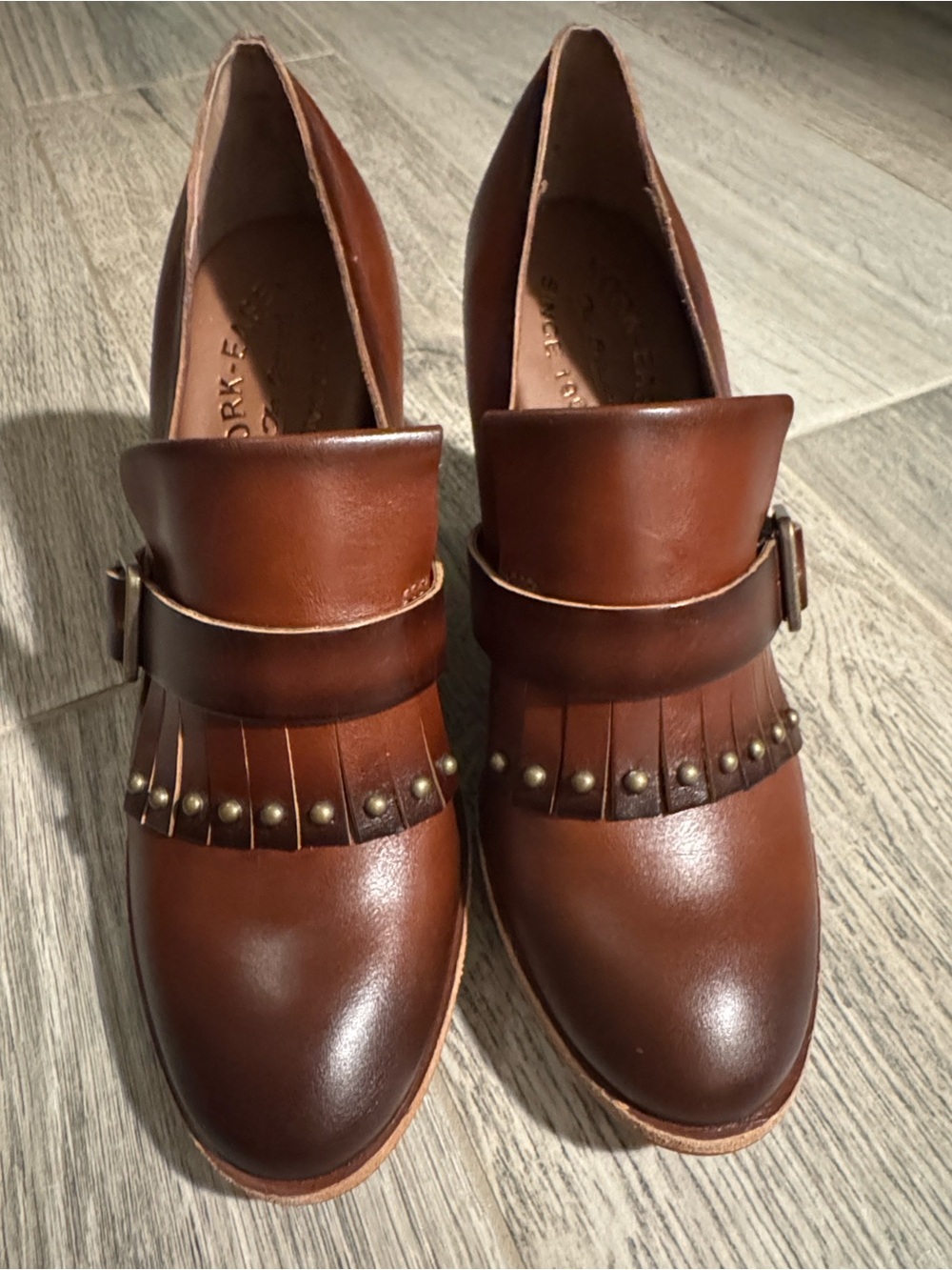 Kork-Ease Brown Leather Fringe high heel Loafers with Stud Accent